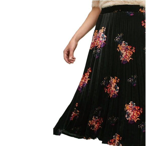 Anthropologie MAEVE Floral Velvet Skirt Pleated Midi Maxi Black Pleats A-Line XS - Picture 6 of 8